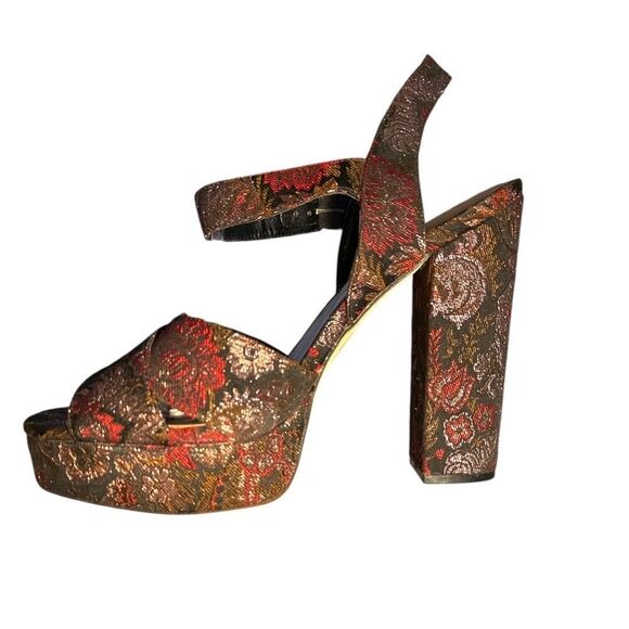 ALDO Floral Paisley and Gold Brocade Chunky 5" Heels Open Toe Shoes Size 10 - Picture 4 of 9